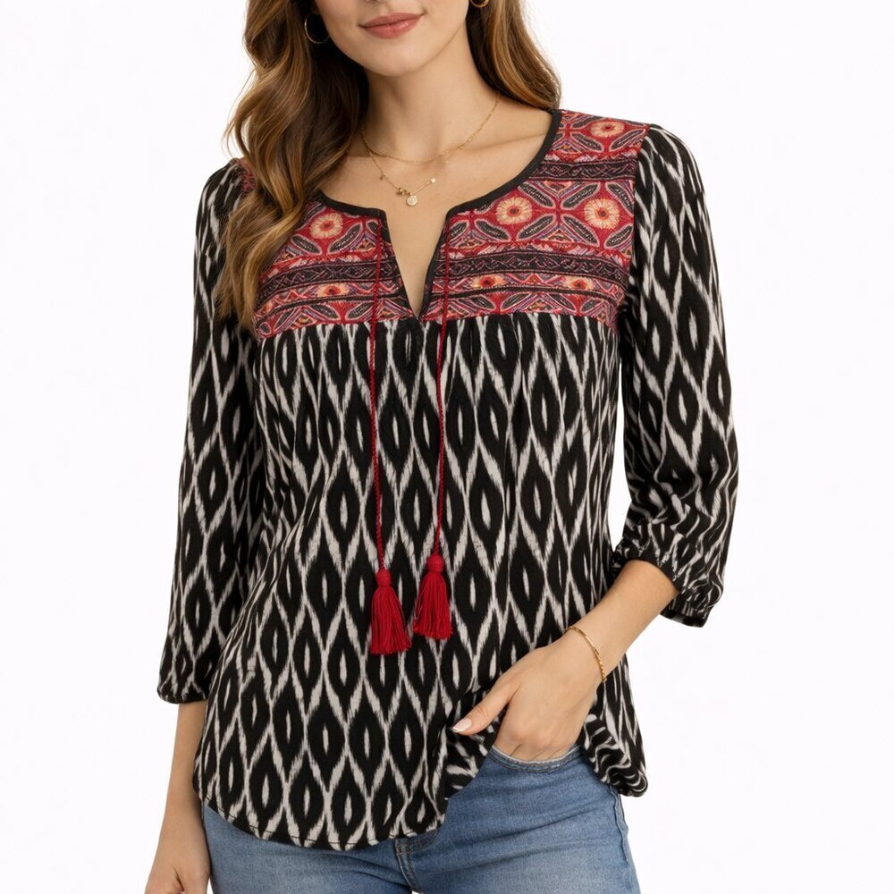 Anthropologie One September Palamba Top S Embroidered Ikat Tassel Boho
